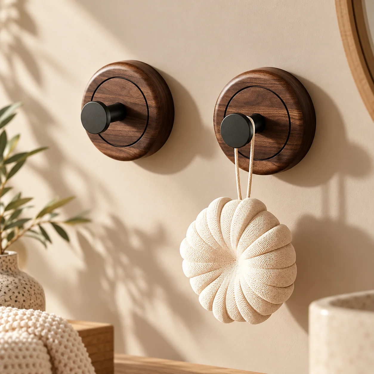 No-Drill Walnut Wall Hook | Suction Cup Storage