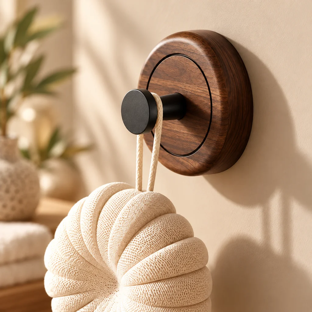 No-Drill Walnut Wall Hook | Suction Cup Storage