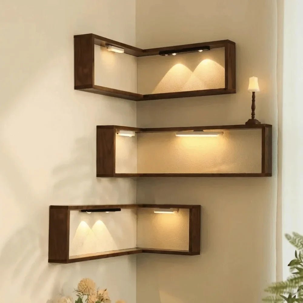 The Nook solid oak floating corner shelf by Oak & Origin.