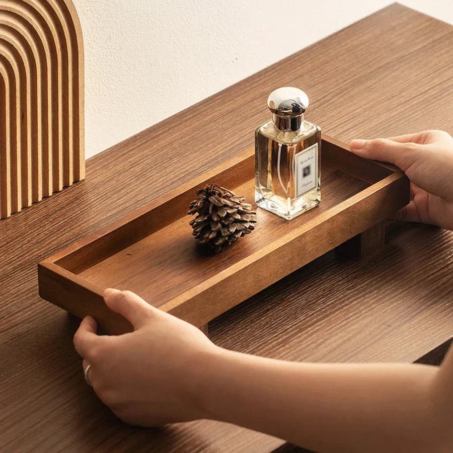 Oak serving tray styled on a warm wooden table