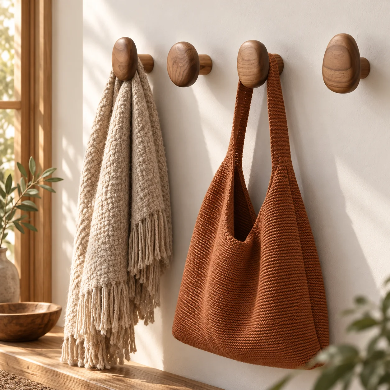 Set of 4 Wooden Wall Hooks | Natural Timber Storage