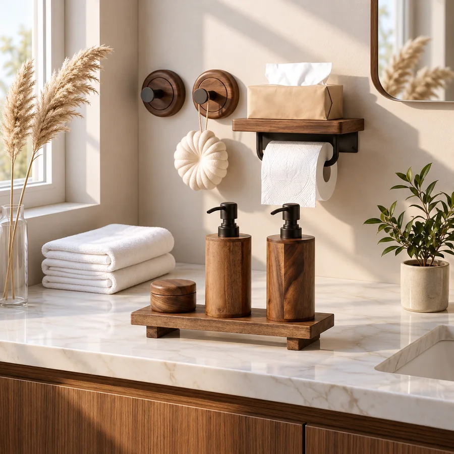 Wooden Bathroom Accessories Set | Timber Bath Collection