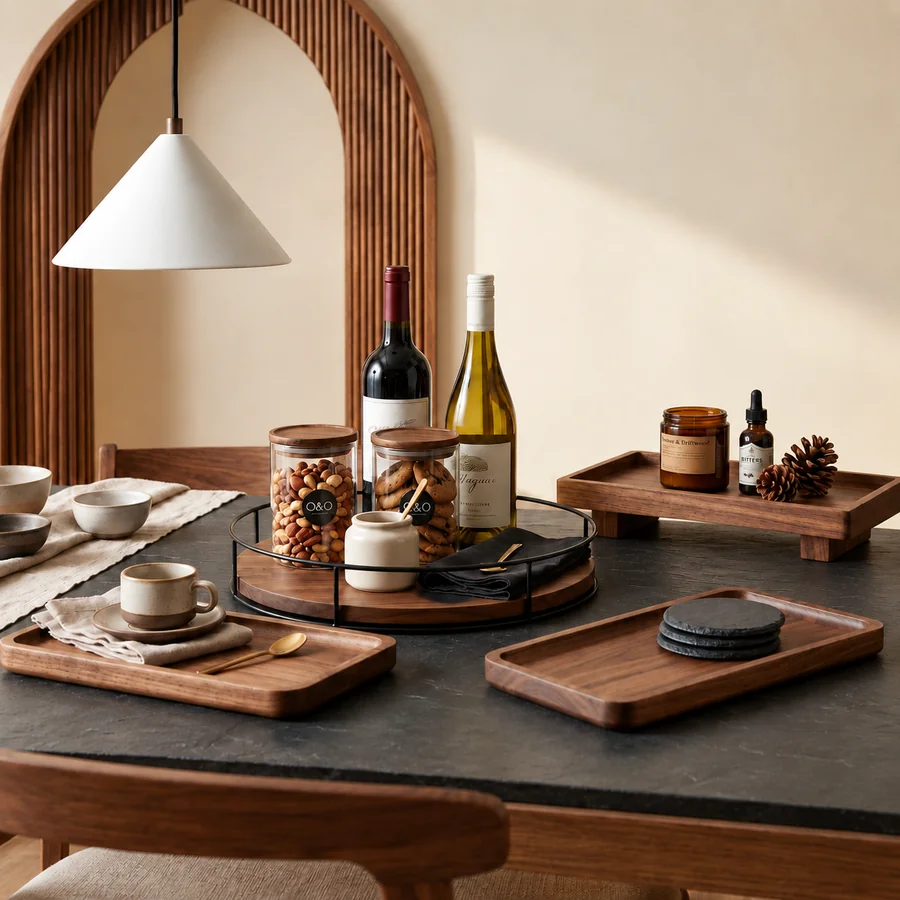 Solid Wood Kitchen Organiser Set with oak serving trays and lazy Susan