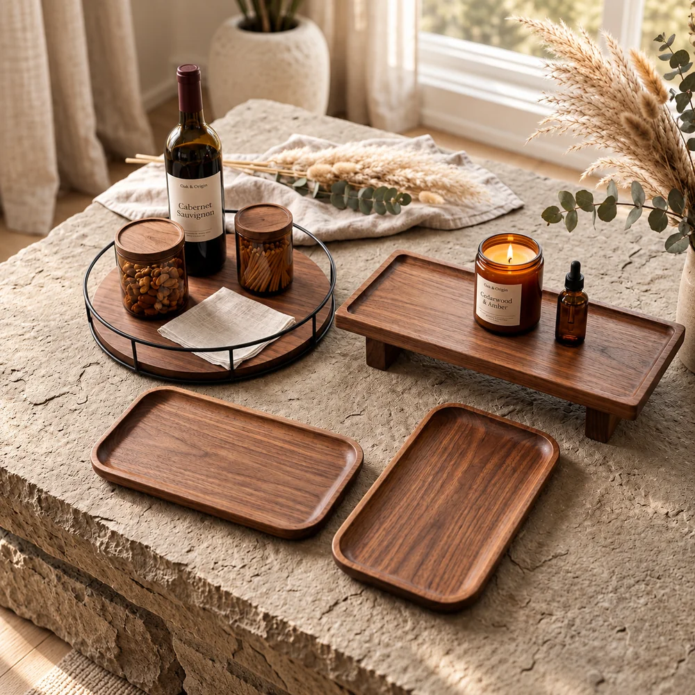 Solid Wood Kitchen Organiser Set with oak serving trays and lazy Susan