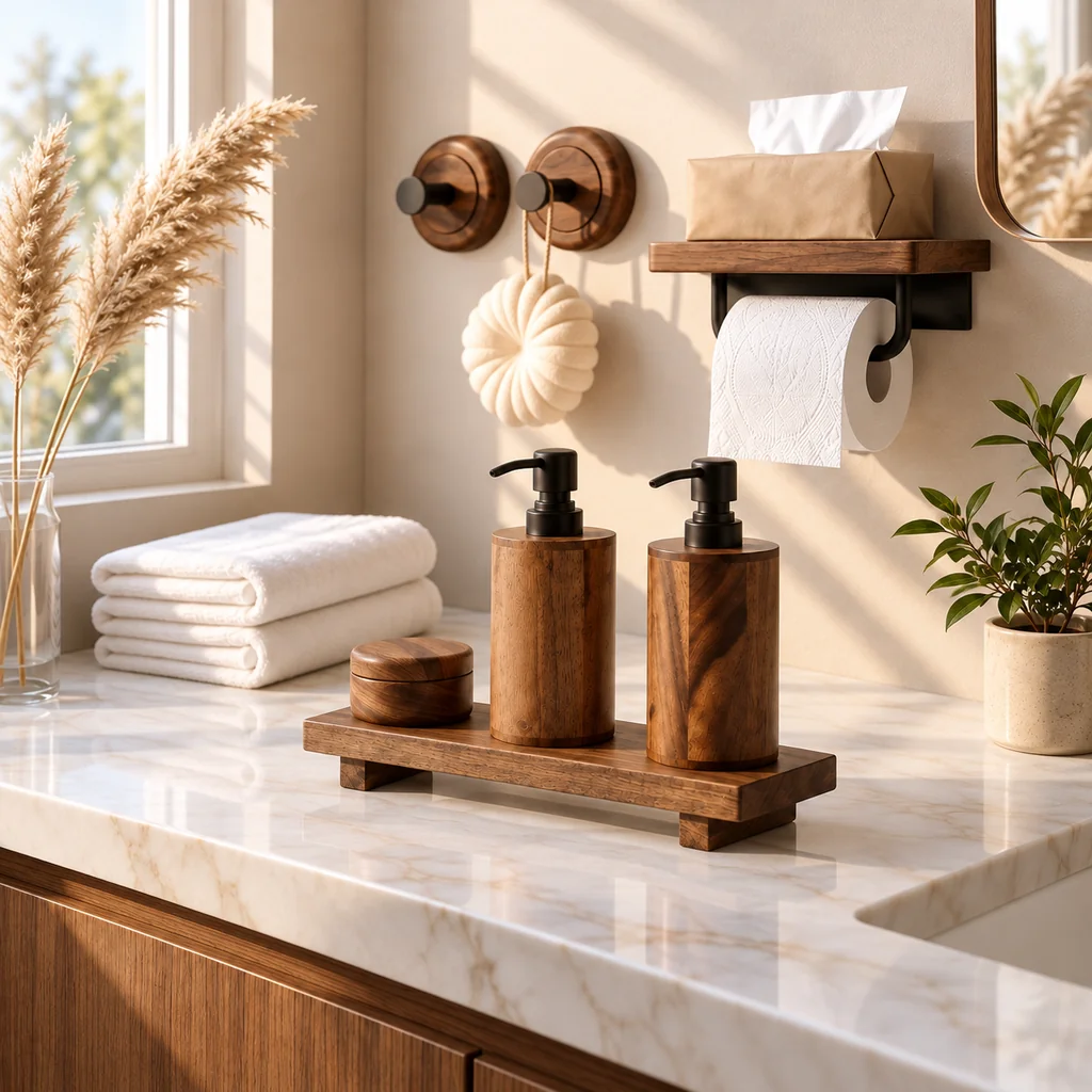 Wooden Bathroom Accessories Set | Timber Bath Collection