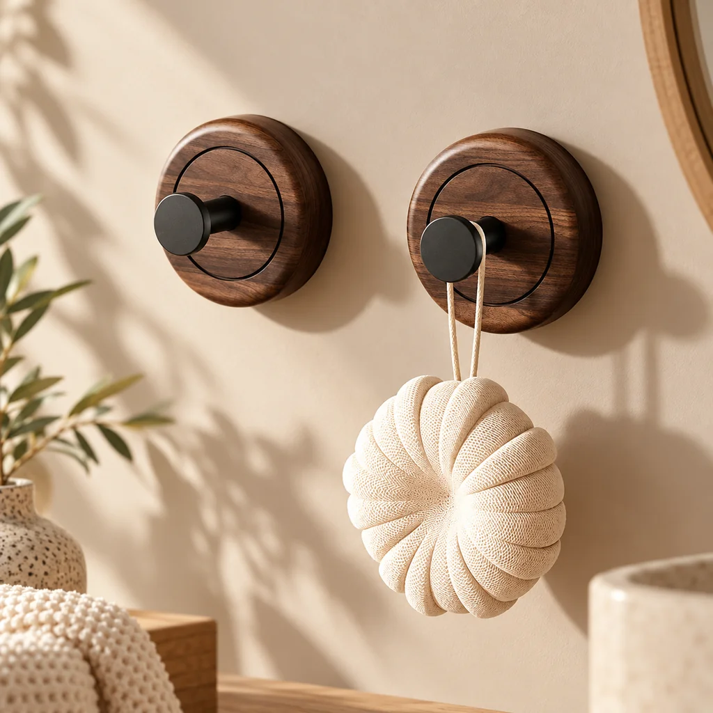 No-Drill Walnut Wall Hook | Suction Cup Storage