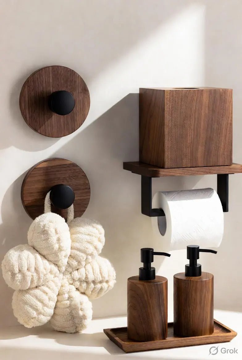 Timber bathroom set with a dispenser, toilet paper holder and walnut storage details.