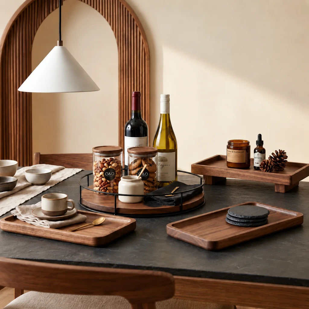 Solid Wood Kitchen Organiser Set with oak serving trays and lazy Susan