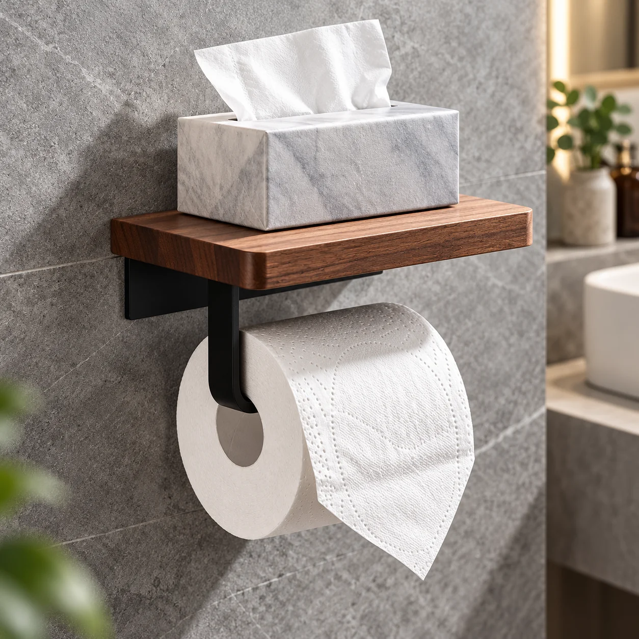 Walnut Toilet Paper Holder | Wall-Mounted Shelf Organiser