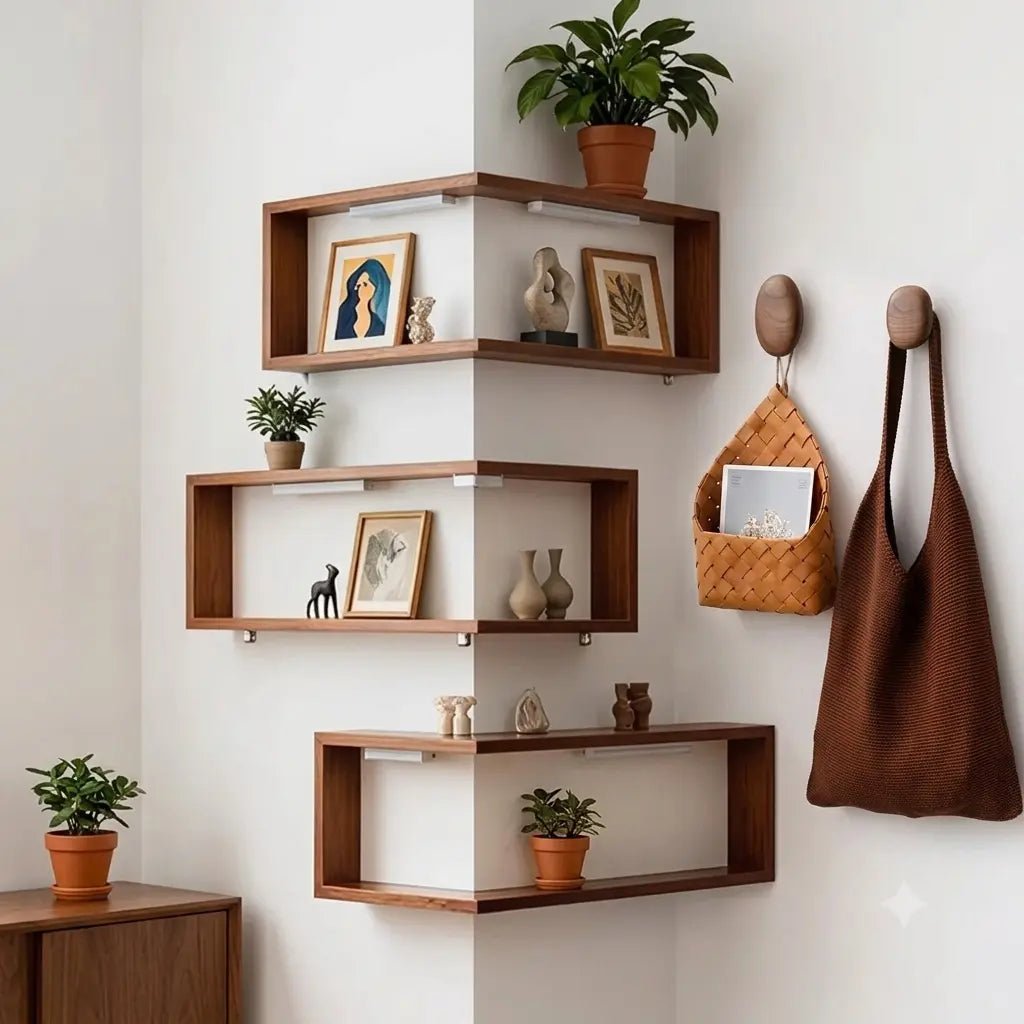 Natural timber decor pair styled on modern shelves with plants and home accessories.